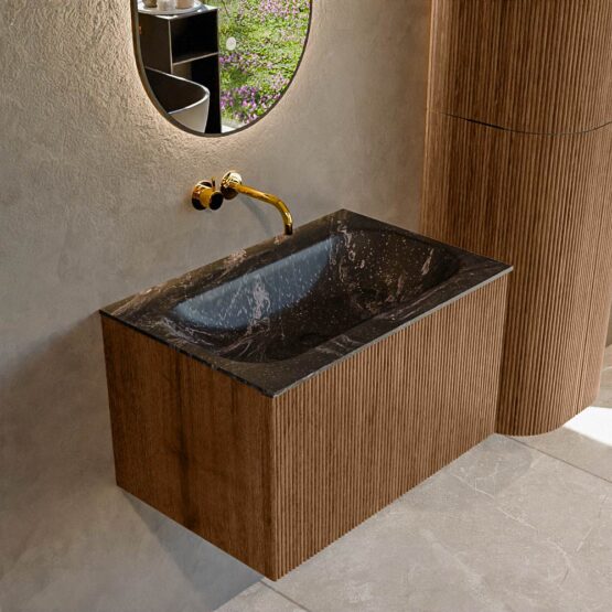 MONDIAZ KURVE-DLUX 70cm mueble de baño  color Walnut con 1 cajón y sin puerta. Lavabo BIG SMALL Centro sin orificio Lava.