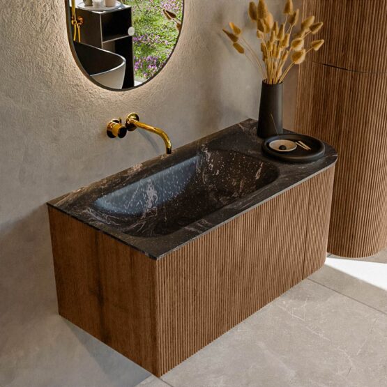 MONDIAZ KURVE-DLUX 95cm mueble de baño curva Derecha color Walnut con 1 cajón y 1 puerta. Lavabo BIG SMALL Izquierda sin orificio Lava.