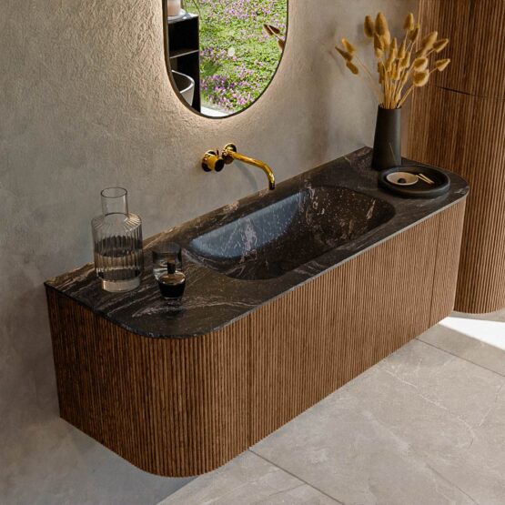 MONDIAZ KURVE-DLUX 130cm mueble de baño curva Izquierda + Derecha color Walnut con 1 cajón y 2 puertas. Lavabo BIG SMALL Centro sin orificio Lava.