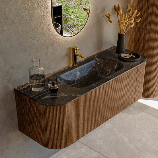 MONDIAZ KURVE-DLUX 130cm mueble de baño curva Izquierda + Derecha color Walnut con 1 cajón y 2 puertas. Lavabo BIG SMALL Centro 1 orificio Lava.