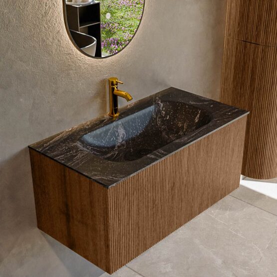 MONDIAZ KURVE-DLUX 90cm mueble de baño  color Walnut con 1 cajón y sin puerta. Lavabo BIG SMALL Centro 1 orificio Lava.