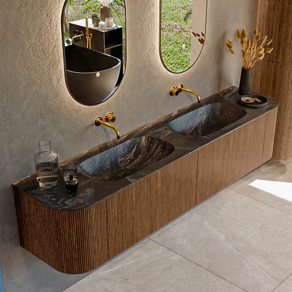 MONDIAZ KURVE-DLUX 200cm mueble de baño curva Izquierda + Derecha color Walnut con 2 cajones y 2 puertas. Lavabo STOR SMALL Doble sin orificio Lava. 1 MONDIAZ KURVE-DLUX 200cm mueble de baño curva Izquierda + Derecha color Walnut con 2 cajones y 2 puertas. Lavabo STOR SMALL Doble sin orificio Lava.
