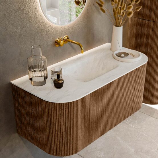 MONDIAZ KURVE-DLUX 100cm mueble de baño curva Izquierda + Derecha color Walnut con 1 cajón y 2 puertas. Lavabo GRUNNE Centro sin orificio Opalo.