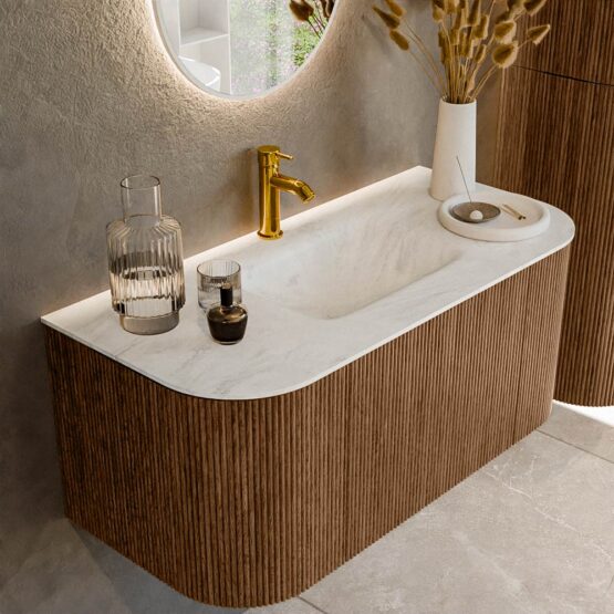 MONDIAZ KURVE-DLUX 100cm mueble de baño curva Izquierda + Derecha color Walnut con 1 cajón y 2 puertas. Lavabo GRUNNE Centro 1 orificio Opalo.