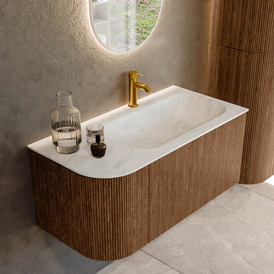MONDIAZ KURVE-DLUX 95cm mueble de baño curva Izquierda color Walnut con 1 cajón y 1 puerta. Lavabo BIG SMALL Derecho 1 orificio Opalo.