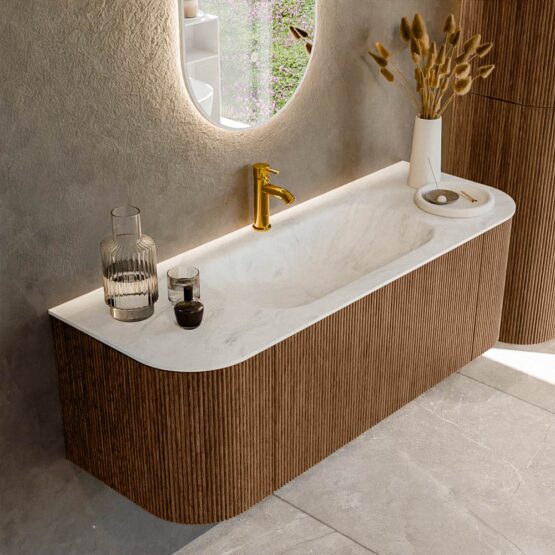 MONDIAZ KURVE-DLUX 130cm mueble de baño curva Izquierda + Derecha color Walnut con 1 cajón y 2 puertas. Lavabo BIG SMALL Centro 1 orificio Opalo.