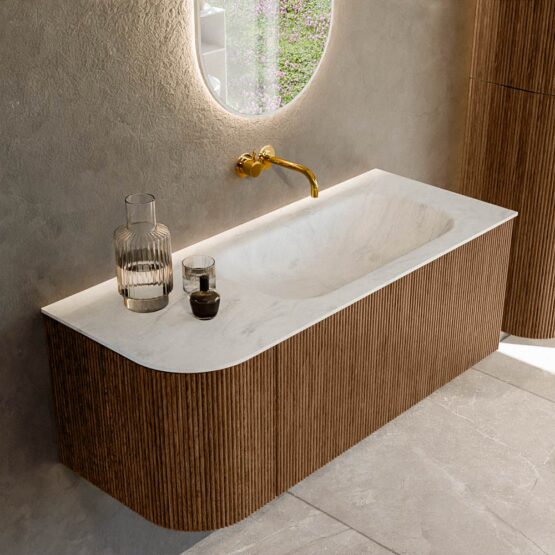 MONDIAZ KURVE-DLUX 115cm mueble de baño curva Izquierda color Walnut con 1 cajón y 1 puerta. Lavabo BIG SMALL Derecho sin orificio Opalo.