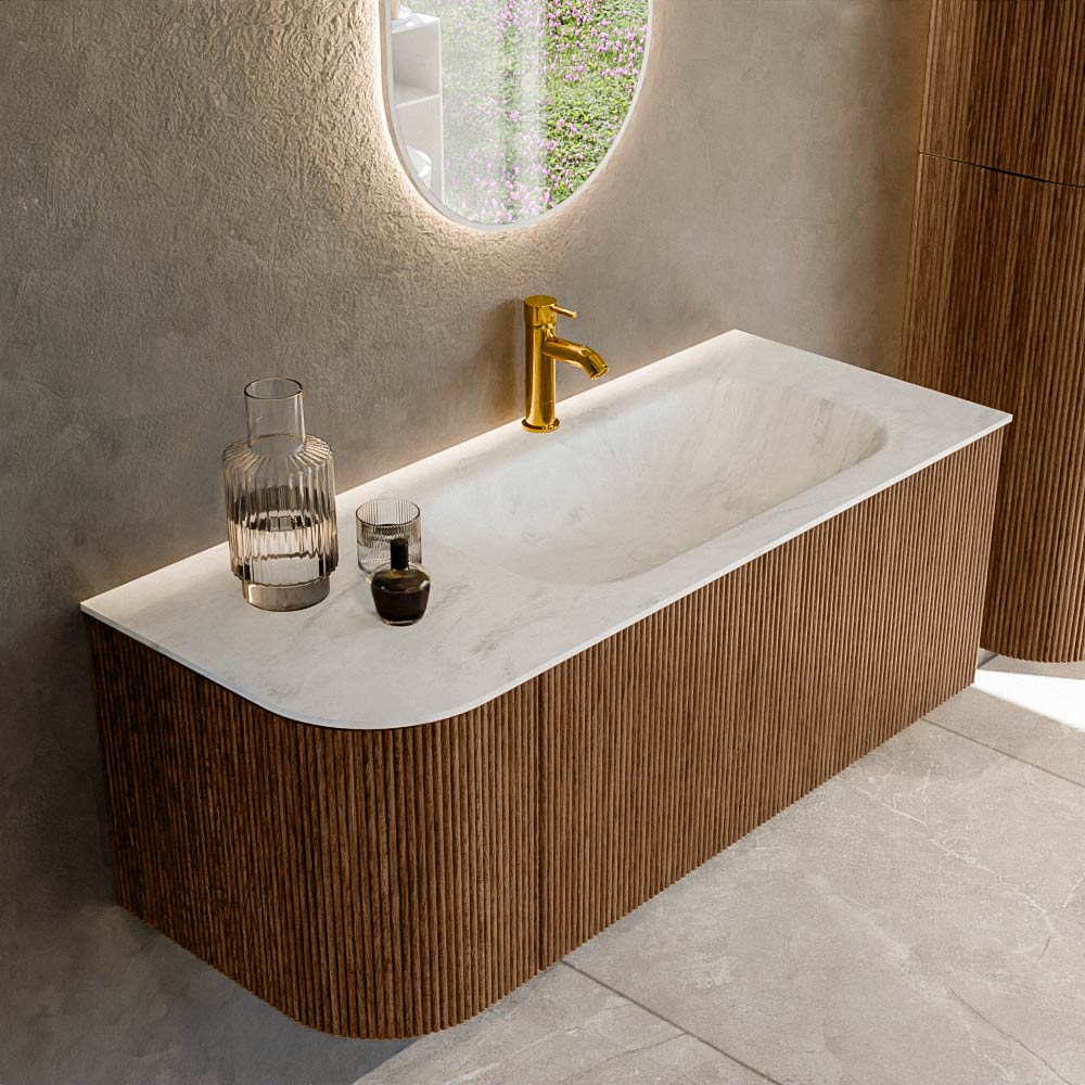 MONDIAZ KURVE-DLUX 115cm mueble de baño curva Izquierda color Walnut con 1 cajón y 1 puerta. Lavabo BIG SMALL Derecho 1 orificio Opalo. 1 MONDIAZ KURVE-DLUX 115cm mueble de baño curva Izquierda color Walnut con 1 cajón y 1 puerta. Lavabo BIG SMALL Derecho 1 orificio Opalo.