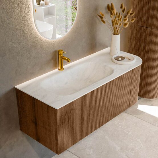 MONDIAZ KURVE-DLUX 115cm mueble de baño curva Derecha color Walnut con 1 cajón y 1 puerta. Lavabo BIG SMALL Izquierda 1 orificio Opalo.