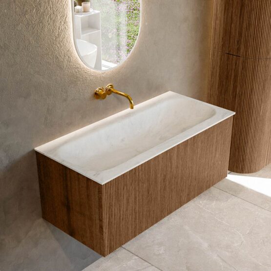 MONDIAZ KURVE-DLUX 100cm mueble de baño  color Walnut con 1 cajón y sin puerta. Lavabo BIG MEDIUM Centro sin orificio Opalo.