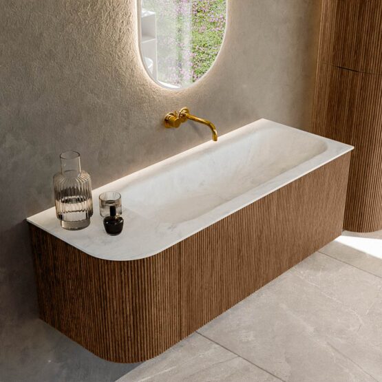 MONDIAZ KURVE-DLUX 125cm mueble de baño curva Izquierda color Walnut con 1 cajón y 1 puerta. Lavabo BIG MEDIUM Derecho sin orificio Opalo.