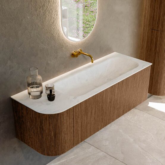 MONDIAZ KURVE-DLUX 135cm mueble de baño curva Izquierda color Walnut con 1 cajón y 1 puerta. Lavabo BIG MEDIUM Derecho sin orificio Opalo.