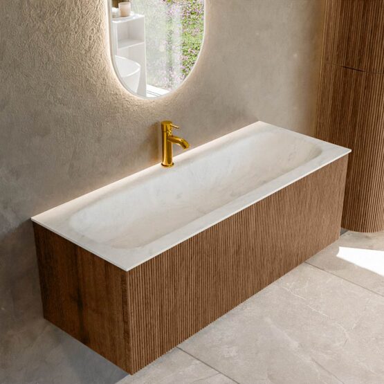 MONDIAZ KURVE-DLUX 120cm mueble de baño  color Walnut con 1 cajón y sin puerta. Lavabo BIG LARGE Centro 1 orificio Opalo.