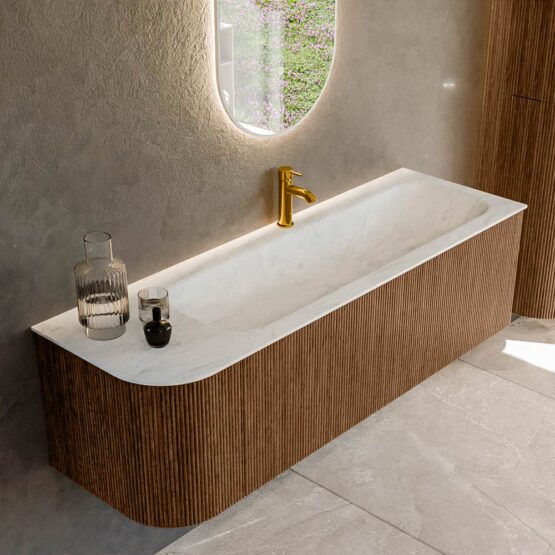 MONDIAZ KURVE-DLUX 145cm mueble de baño curva Izquierda color Walnut con 1 cajón y 1 puerta. Lavabo BIG LARGE Derecho 1 orificio Opalo.