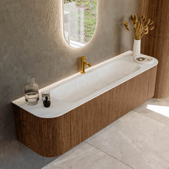 MONDIAZ KURVE-DLUX 170cm mueble de baño curva Izquierda + Derecha color Walnut con 1 cajón y 2 puertas. Lavabo BIG LARGE Centro 1 orificio Opalo.