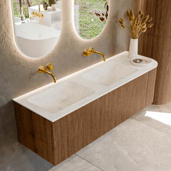 MONDIAZ KURVE-DLUX 145cm mueble de baño curva Derecha color Walnut con 1 cajón y 1 puerta. Lavabo LEAF Doble / Izquierda sin orificio Opalo.