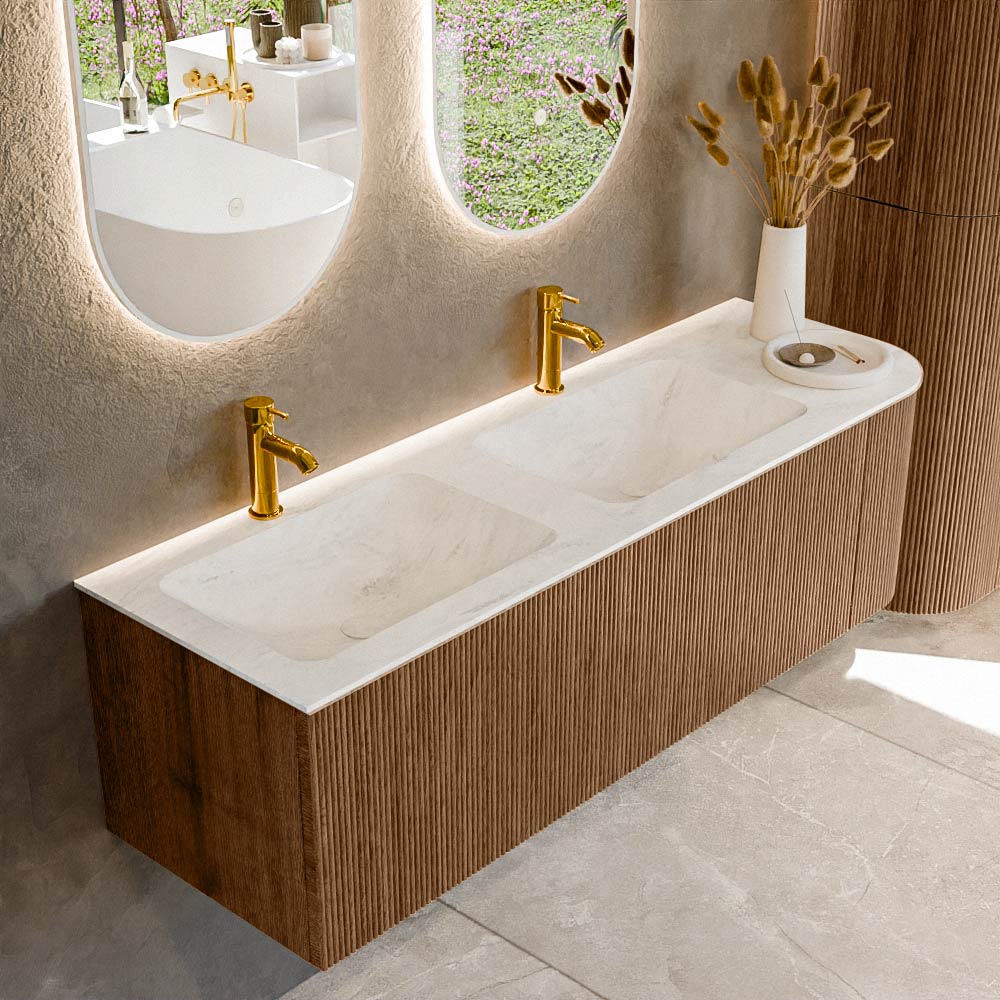MONDIAZ KURVE-DLUX 145cm mueble de baño curva Derecha color Walnut con 1 cajón y 1 puerta. Lavabo LEAF Doble / Izquierda 2 orificios Opalo. 1 MONDIAZ KURVE-DLUX 145cm mueble de baño curva Derecha color Walnut con 1 cajón y 1 puerta. Lavabo LEAF Doble / Izquierda 2 orificios Opalo.