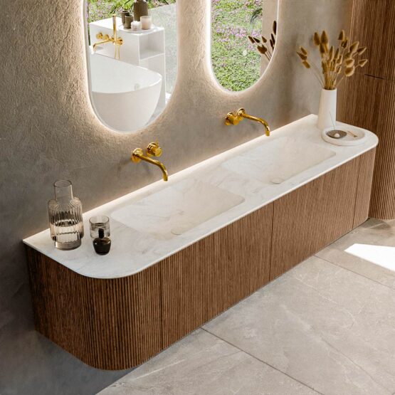 MONDIAZ KURVE-DLUX 180cm mueble de baño curva Izquierda + Derecha color Walnut con 2 cajones y 2 puertas. Lavabo LEAF Doble sin orificio Opalo.