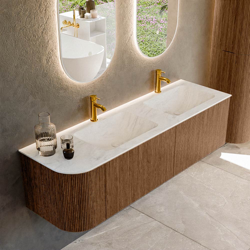 MONDIAZ KURVE-DLUX 155cm mueble de baño curva Izquierda color Walnut con 2 cajones y 1 puerta. Lavabo LEAF Doble / Derecho 2 orificios Opalo. 1 MONDIAZ KURVE-DLUX 155cm mueble de baño curva Izquierda color Walnut con 2 cajones y 1 puerta. Lavabo LEAF Doble / Derecho 2 orificios Opalo.