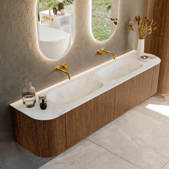 MONDIAZ KURVE-DLUX 190cm mueble de baño curva Izquierda + Derecha color Walnut con 2 cajones y 2 puertas. Lavabo STOR SMALL Doble sin orificio Opalo.