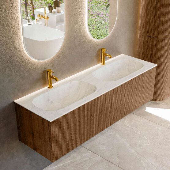 MONDIAZ KURVE-DLUX 150cm mueble de baño  color Walnut con 2 cajones y sin puerta. Lavabo STOR SMALL Doble 2 orificios Opalo.