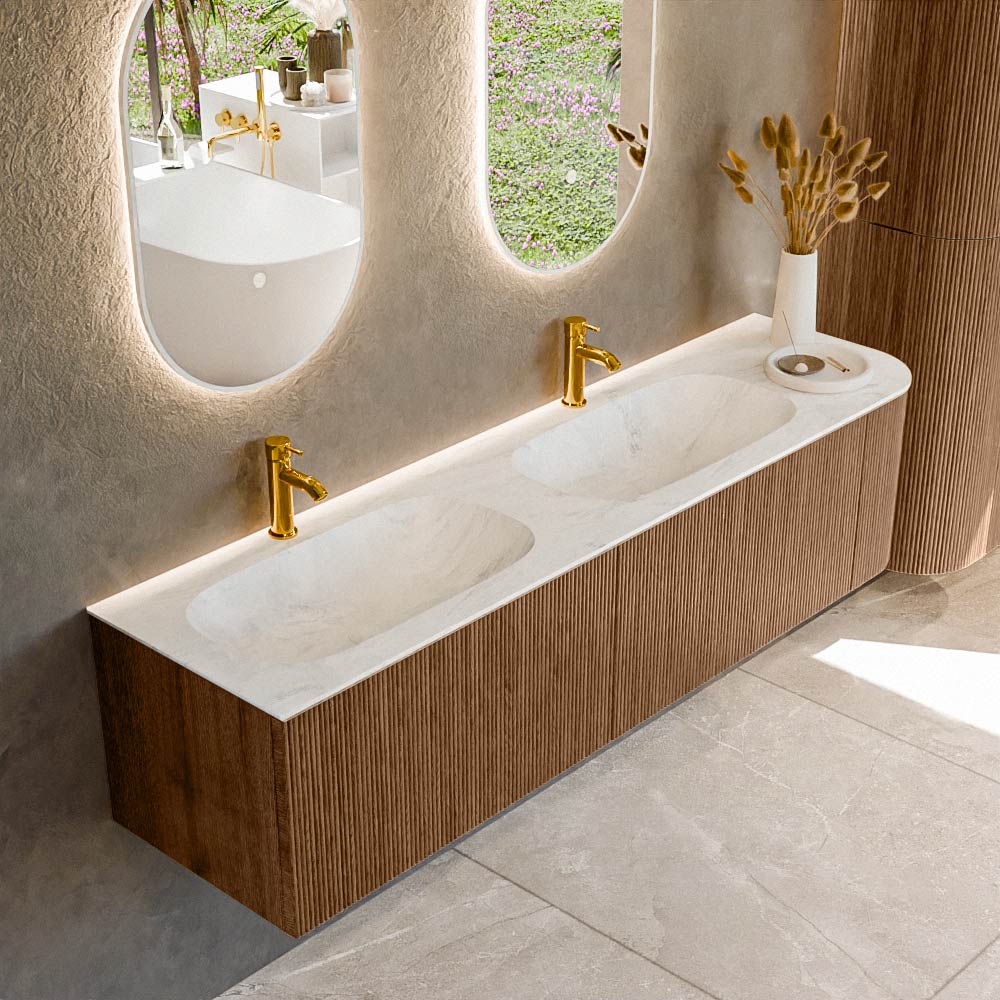 MONDIAZ KURVE-DLUX 175cm mueble de baño curva Derecha color Walnut con 2 cajones y 1 puerta. Lavabo STOR SMALL Doble / Izquierda 2 orificios Opalo. 1 MONDIAZ KURVE-DLUX 175cm mueble de baño curva Derecha color Walnut con 2 cajones y 1 puerta. Lavabo STOR SMALL Doble / Izquierda 2 orificios Opalo.