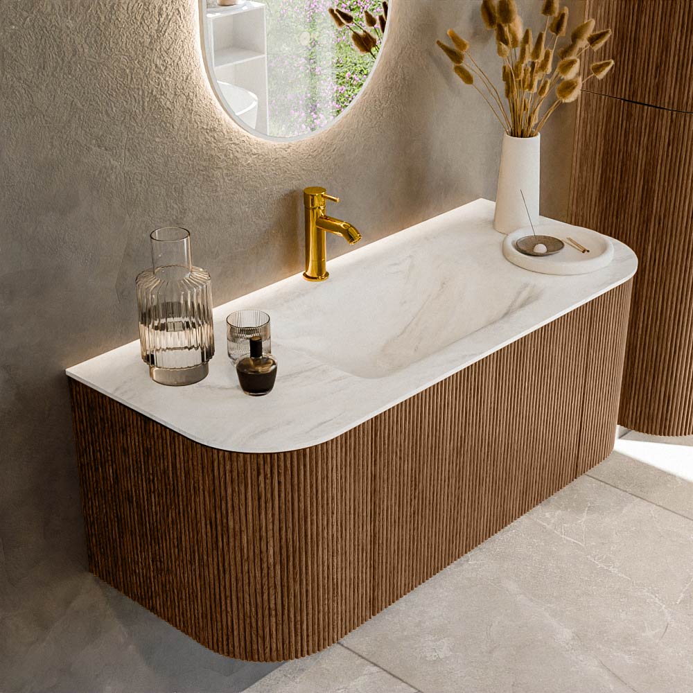 MONDIAZ KURVE-DLUX 110cm mueble de baño curva Izquierda + Derecha color Walnut con 1 cajón y 2 puertas. Lavabo CLOUD Centro 1 orificio Ostra. 1 MONDIAZ KURVE-DLUX 110cm mueble de baño curva Izquierda + Derecha color Walnut con 1 cajón y 2 puertas. Lavabo CLOUD Centro 1 orificio Ostra.