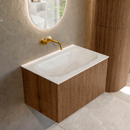 MONDIAZ KURVE-DLUX 70cm mueble de baño  color Walnut con 1 cajón y sin puerta. Lavabo BIG SMALL Centro sin orificio Ostra.