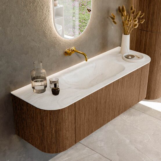 MONDIAZ KURVE-DLUX 140cm mueble de baño curva Izquierda + Derecha color Walnut con 1 cajón y 2 puertas. Lavabo BIG SMALL Centro sin orificio Ostra.
