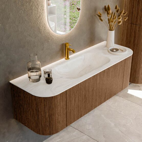MONDIAZ KURVE-DLUX 140cm mueble de baño curva Izquierda + Derecha color Walnut con 1 cajón y 2 puertas. Lavabo BIG SMALL Centro 1 orificio Ostra.