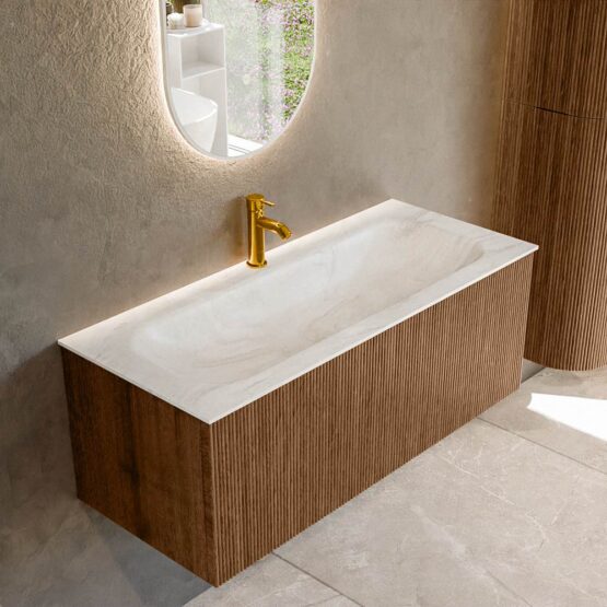 MONDIAZ KURVE-DLUX 110cm mueble de baño  color Walnut con 1 cajón y sin puerta. Lavabo BIG MEDIUM Centro 1 orificio Ostra.