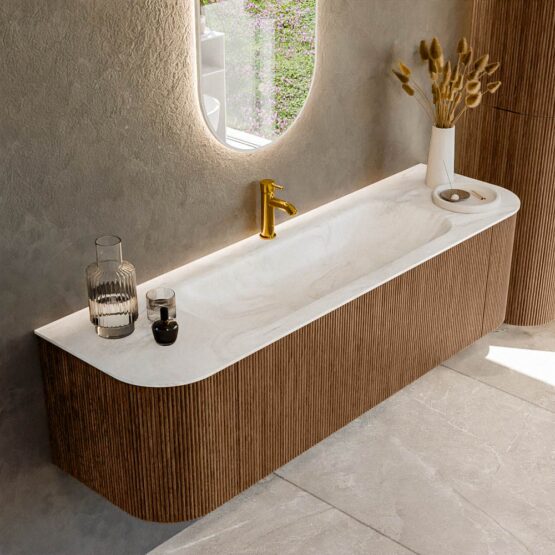 MONDIAZ KURVE-DLUX 160cm mueble de baño curva Izquierda + Derecha color Walnut con 1 cajón y 2 puertas. Lavabo BIG MEDIUM Centro 1 orificio Ostra.
