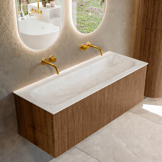 MONDIAZ KURVE-DLUX 120cm mueble de baño  color Walnut con 1 cajón y sin puerta. Lavabo BIG LARGE Centro sin orificio Ostra.