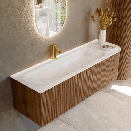 MONDIAZ KURVE-DLUX 145cm mueble de baño curva Derecha color Walnut con 1 cajón y 1 puerta. Lavabo BIG LARGE Izquierda 1 orificio Ostra.