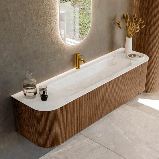 MONDIAZ KURVE-DLUX 170cm mueble de baño curva Izquierda + Derecha color Walnut con 1 cajón y 2 puertas. Lavabo BIG LARGE Centro 1 orificio Ostra.