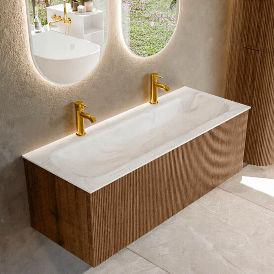 MONDIAZ KURVE-DLUX 120cm mueble de baño  color Walnut con 1 cajón y sin puerta. Lavabo BIG LARGE Centro 2 orificios Ostra.