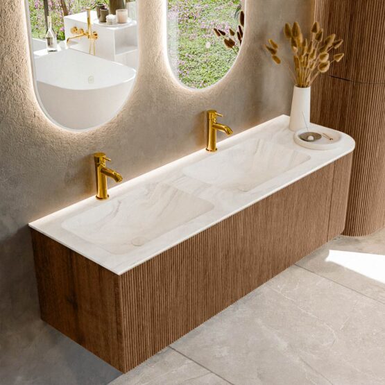 MONDIAZ KURVE-DLUX 145cm mueble de baño curva Derecha color Walnut con 1 cajón y 1 puerta. Lavabo LEAF Doble / Izquierda 2 orificios Ostra.