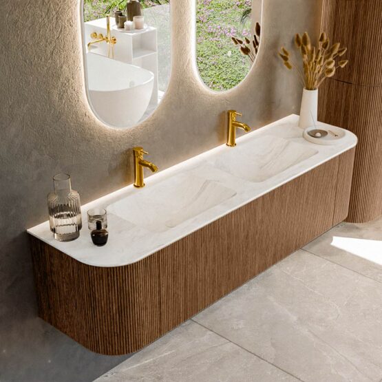 MONDIAZ KURVE-DLUX 170cm mueble de baño curva Izquierda + Derecha color Walnut con 1 cajón y 2 puertas. Lavabo LEAF Doble 2 orificios Ostra.