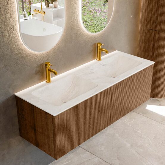 MONDIAZ KURVE-DLUX 130cm mueble de baño  color Walnut con 2 cajones y sin puerta. Lavabo LEAF Doble 2 orificios Ostra.