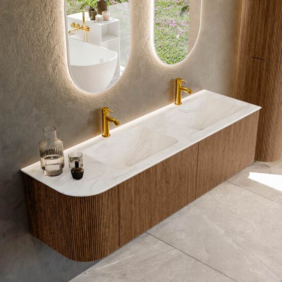 MONDIAZ KURVE-DLUX 155cm mueble de baño curva Izquierda color Walnut con 2 cajones y 1 puerta. Lavabo LEAF Doble / Derecho 2 orificios Ostra.