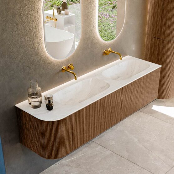 MONDIAZ KURVE-DLUX 165cm mueble de baño curva Izquierda color Walnut con 2 cajones y 1 puerta. Lavabo STOR SMALL Doble / Derecho sin orificio Ostra.