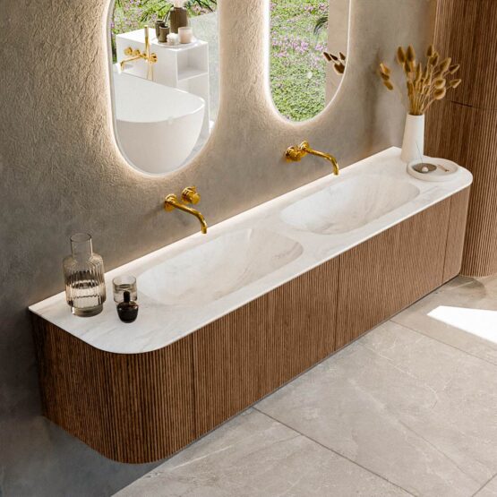 MONDIAZ KURVE-DLUX 190cm mueble de baño curva Izquierda + Derecha color Walnut con 2 cajones y 2 puertas. Lavabo STOR SMALL Doble sin orificio Ostra.