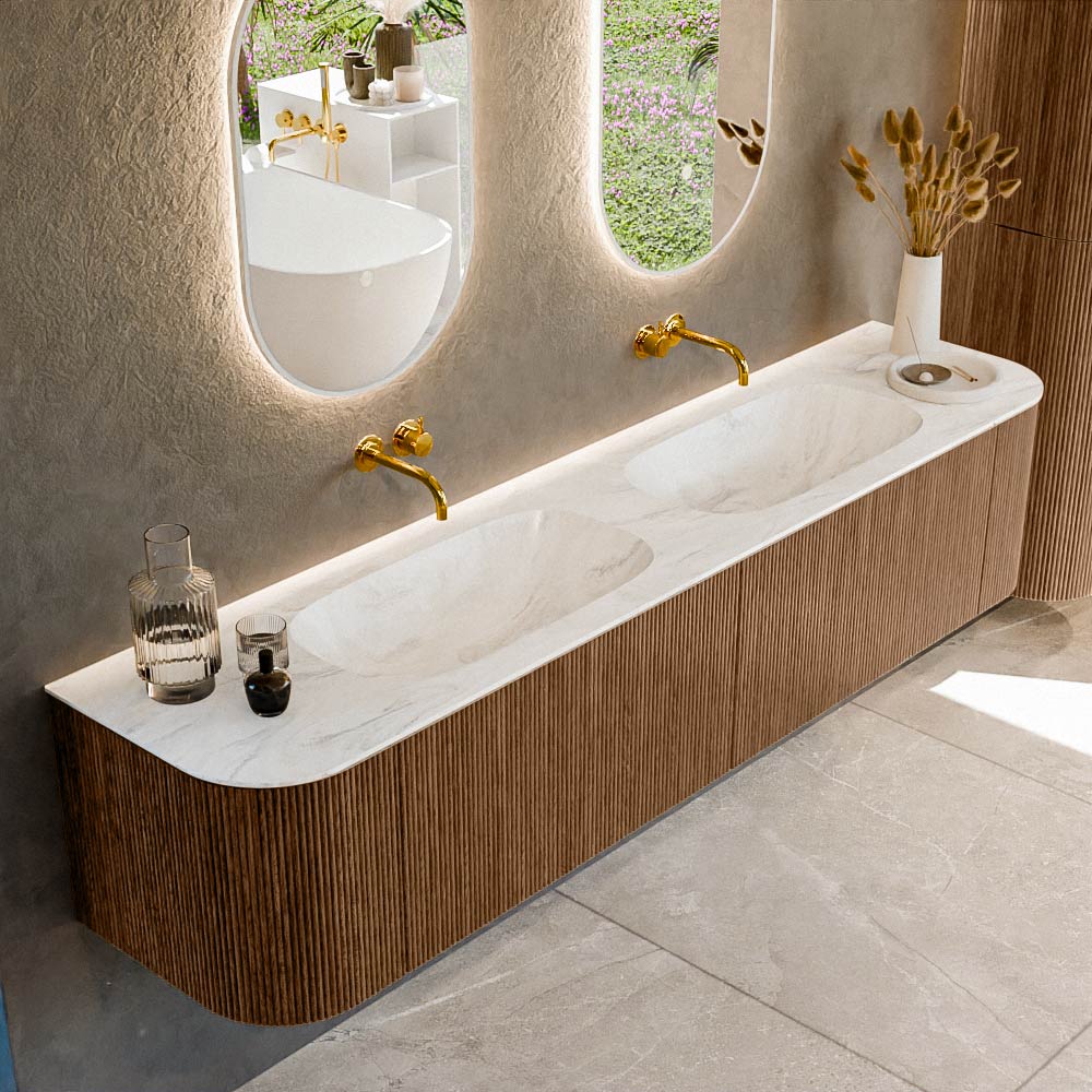 MONDIAZ KURVE-DLUX 200cm mueble de baño curva Izquierda + Derecha color Walnut con 2 cajones y 2 puertas. Lavabo STOR SMALL Doble sin orificio Ostra. 1 MONDIAZ KURVE-DLUX 200cm mueble de baño curva Izquierda + Derecha color Walnut con 2 cajones y 2 puertas. Lavabo STOR SMALL Doble sin orificio Ostra.