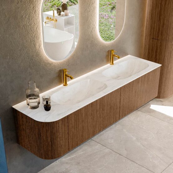 MONDIAZ KURVE-DLUX 175cm mueble de baño curva Izquierda color Walnut con 2 cajones y 1 puerta. Lavabo STOR SMALL Doble / Derecho 2 orificios Ostra.