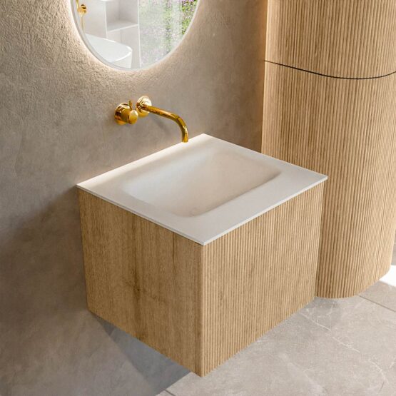 MONDIAZ KURVE 50cm mueble de baño  color Oak con 1 cajón y sin puerta. Lavabo GRUNNE Centro sin orificio Talc.