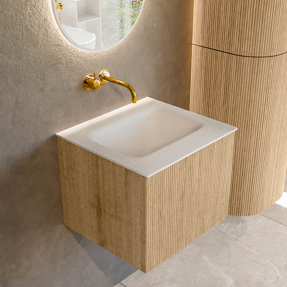 MONDIAZ KURVE 50cm mueble de baño color Oak con 1 cajón y sin puerta. Lavabo GRUNNE Centro sin orificio Talc. 1 MONDIAZ KURVE 50cm mueble de baño color Oak con 1 cajón y sin puerta. Lavabo GRUNNE Centro sin orificio Talc.