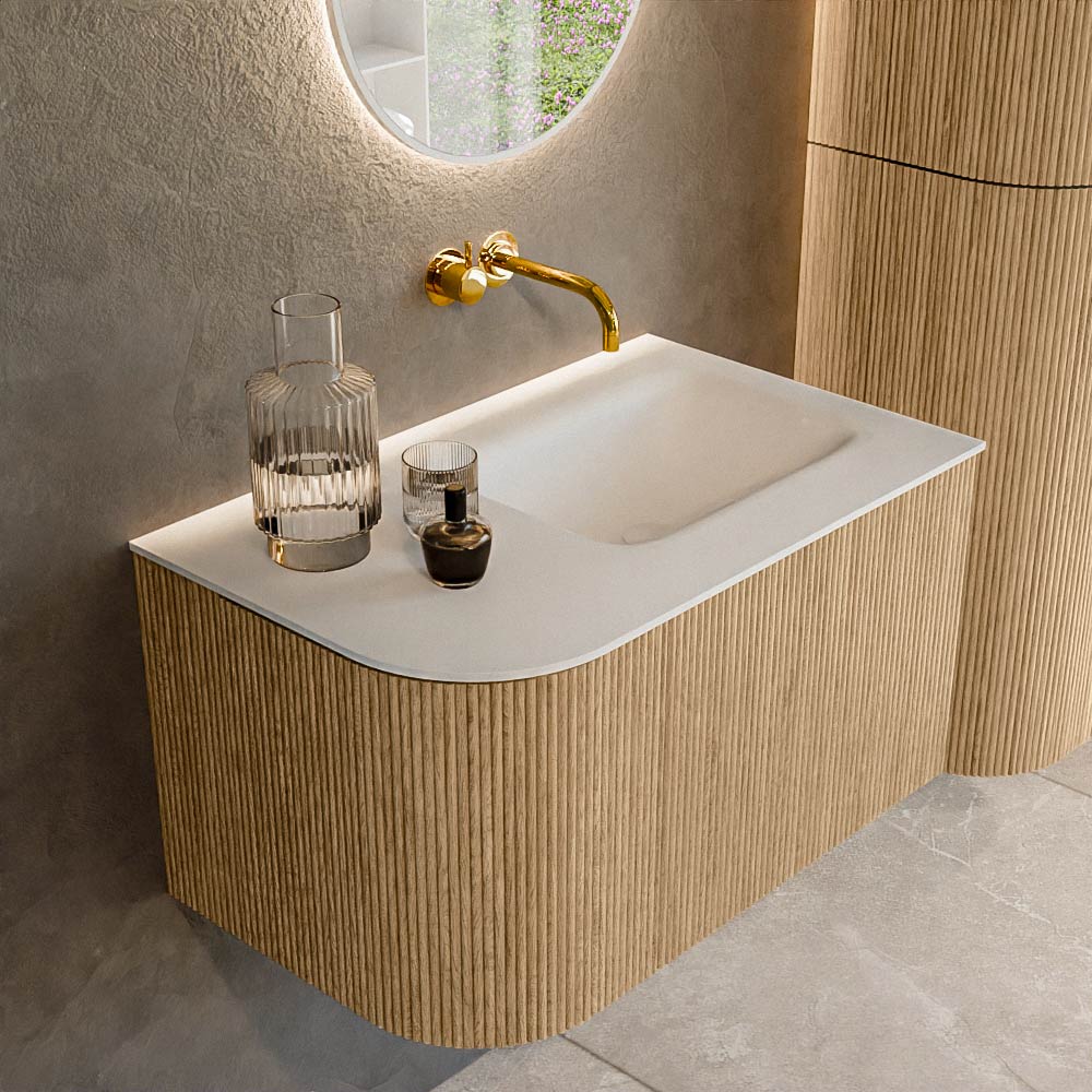 MONDIAZ KURVE 75cm mueble de baño curva Izquierda color Oak con 1 cajón y 1 puerta. Lavabo GRUNNE Derecho sin orificio Talc. 1 MONDIAZ KURVE 75cm mueble de baño curva Izquierda color Oak con 1 cajón y 1 puerta. Lavabo GRUNNE Derecho sin orificio Talc.