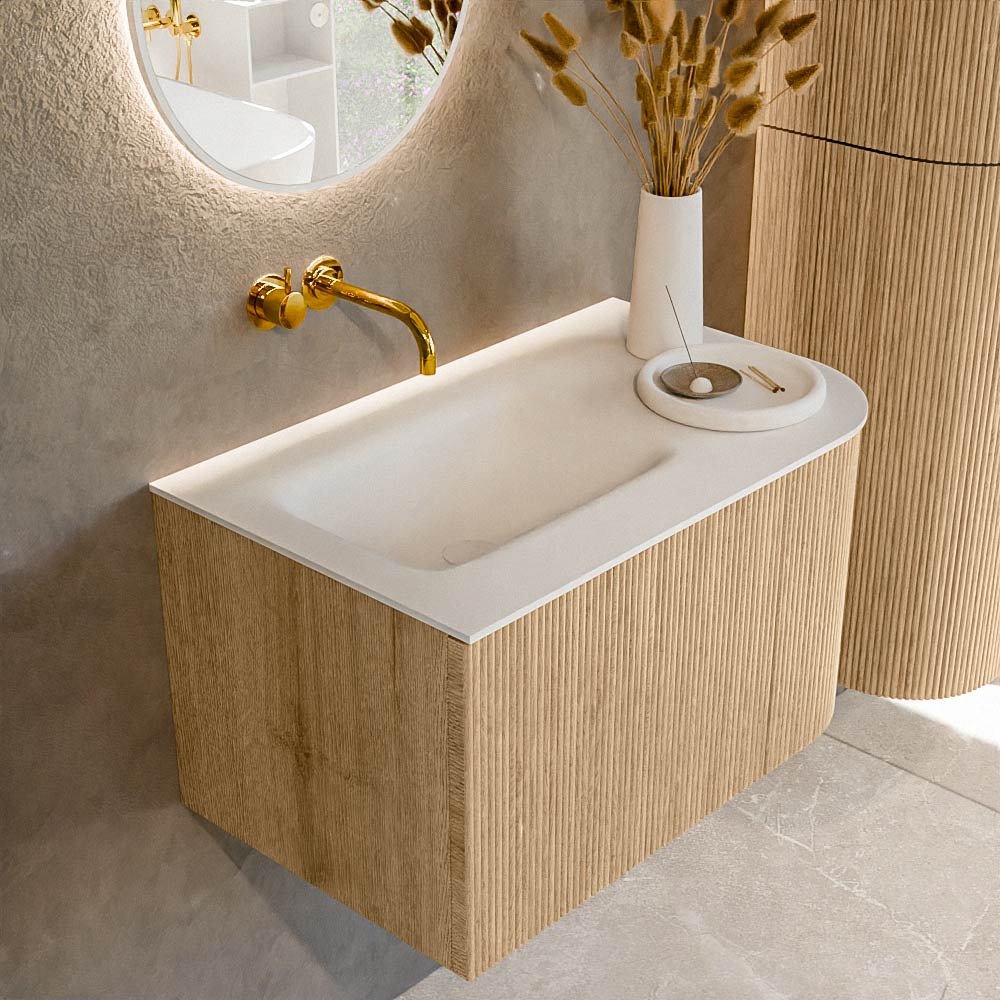 MONDIAZ KURVE 75cm mueble de baño curva Derecha color Oak con 1 cajón y 1 puerta. Lavabo GRUNNE Izquierda sin orificio Talc. 1 MONDIAZ KURVE 75cm mueble de baño curva Derecha color Oak con 1 cajón y 1 puerta. Lavabo GRUNNE Izquierda sin orificio Talc.
