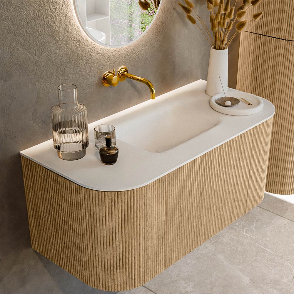 MONDIAZ KURVE 100cm mueble de baño curva Izquierda + Derecha color Oak con 1 cajón y 2 puertas. Lavabo GRUNNE Centro sin orificio Talc. 1 MONDIAZ KURVE 100cm mueble de baño curva Izquierda + Derecha color Oak con 1 cajón y 2 puertas. Lavabo GRUNNE Centro sin orificio Talc.