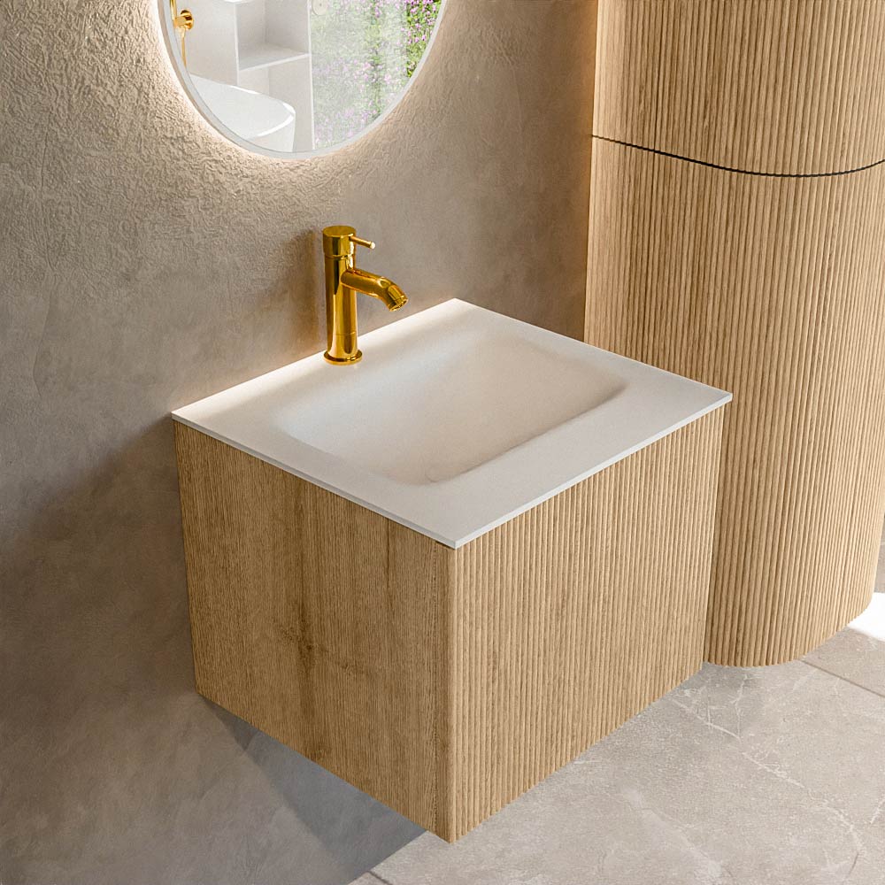 MONDIAZ KURVE 50cm mueble de baño color Oak con 1 cajón y sin puerta. Lavabo GRUNNE Centro 1 orificio Talc. 1 MONDIAZ KURVE 50cm mueble de baño color Oak con 1 cajón y sin puerta. Lavabo GRUNNE Centro 1 orificio Talc.